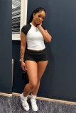 Black Solid Color O Neck Short Sleeve Two Pieces