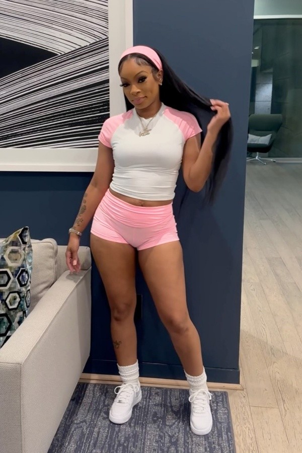 Pink Solid Color O Neck Short Sleeve Two Pieces