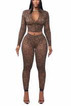 Brown Solid Color Colorblock Zipper Long Sleeve Two Pieces