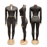 Black Solid Color Colorblock Zipper Long Sleeve Two Pieces