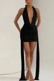 Brownness Backless Halter Wrapped Skirt Dresses