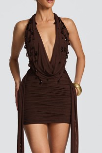 Brownness Backless Halter Wrapped Skirt Dresses