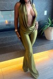 Green Sexy Vacation Solid Color Backless Jumpsuits