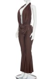 Green Sexy Vacation Solid Color Backless Jumpsuits