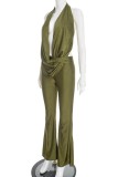 Green Sexy Vacation Solid Color Backless Jumpsuits
