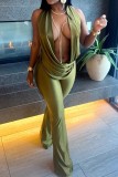 Green Sexy Vacation Solid Color Backless Jumpsuits