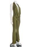 Green Sexy Vacation Solid Color Backless Jumpsuits