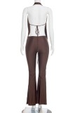 Green Sexy Vacation Solid Color Backless Jumpsuits