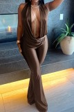 Green Sexy Vacation Solid Color Backless Jumpsuits