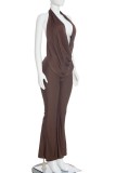 Green Sexy Vacation Solid Color Backless Jumpsuits