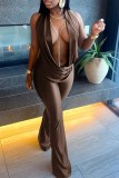 Green Sexy Vacation Solid Color Backless Jumpsuits