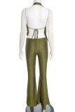 Green Sexy Vacation Solid Color Backless Jumpsuits
