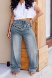 Blue Casual Distressed High Waist Straight Denim Jeans