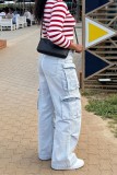 Blue Solid Color Pocket Low Waist Straight Denim Jeans