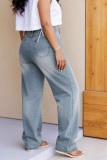 Blue Casual Distressed High Waist Straight Denim Jeans
