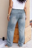 Blue Casual Distressed High Waist Straight Denim Jeans