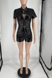 Black Sexy Hot Solid Color V Neck Short Sleeve Two Pieces