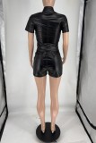 Black Sexy Hot Solid Color V Neck Short Sleeve Two Pieces