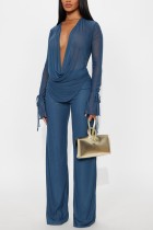 Blue Solid Color V Neck Long Sleeve Two Pieces