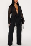 Blue Solid Color V Neck Long Sleeve Two Pieces