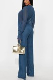 Blue Solid Color V Neck Long Sleeve Two Pieces