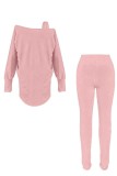 Pink Casual Solid Color V Neck Long Sleeve Two Pieces