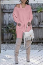 Pink Casual Solid Color V Neck Long Sleeve Two Pieces