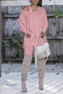 Pink Casual Solid Color V Neck Long Sleeve Two Pieces