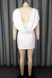 White Solid Color Off Shoulder Wrapped Skirt Dresses