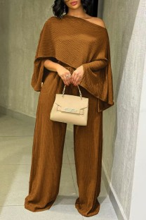 Brown Casual Solid Color O Neck Half Sleeve Two Pieces