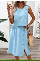 Sky Blue Solid Color O Neck Sleeveless Two Pieces