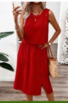 Red Solid Color O Neck Sleeveless Two Pieces