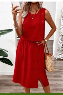 Red Solid Color O Neck Sleeveless Two Pieces