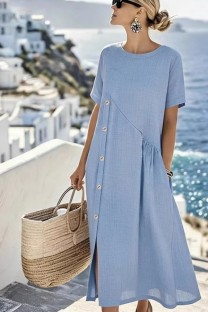 Sky Blue Casual Solid Color O Neck A Line Dresses