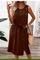 Coffee Solid Color O Neck Sleeveless Two Pieces