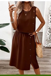 Coffee Solid Color O Neck Sleeveless Two Pieces