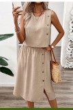 Coffee Solid Color O Neck Sleeveless Two Pieces