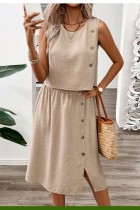 Khaki Solid Color O Neck Sleeveless Two Pieces