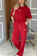 Burgundy Casual Solid Color O Neck Short Sleeve Two Pieces