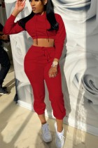 Red Casual Sportswear Daily Patchwork O Neck Long Sleeve Two Pieces