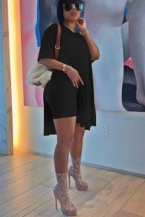 Black Casual Solid Color O Neck Short Sleeve Two Pieces