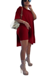 Burgundy Casual Solid Color O Neck Short Sleeve Two Pieces