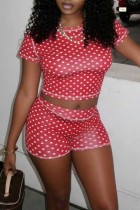 Red Casual Polka Dot O Neck Short Sleeve Two Pieces