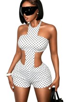 White Sexy Polka Dot Backless O Neck Skinny Rompers