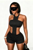 Black Sexy Polka Dot Backless O Neck Skinny Rompers