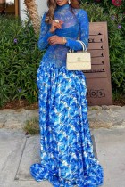 Blue Party Formal Prom Irregular Printed O Neck Dresses