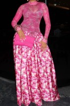 Rose Red Party Formal Prom Irregular Printed O Neck Dresses