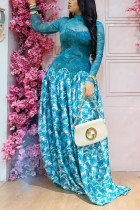 Lake Blue Party Formal Prom Irregular Printed O Neck Dresses