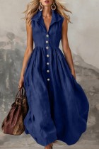 Navy Blue Casual Solid Color V Neck A Line Dresses