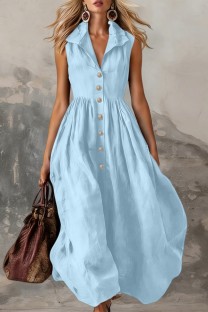Sky Blue Casual Solid Color V Neck A Line Dresses